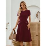 Janes Kadın Kısa Kollu Bisiklet Yakalı Cep Detaylı Midi Ithal Krep Elbise - 2XL - 3XL - Bordo
