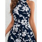 Janes Kadın Omuzlardan Açık Balıkçı Yakalı Kuşaklı Desenli Kısa Süprem Elbise - 2XL - 3XL - Lacivert
