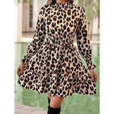 Janes Kadın Uzun Kollu Yarı Balıkçı Yaka Leopar Desenli Modal Mini Elbise - L - XL