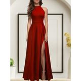 Janes Kadınhalter Yaka Derin Yırtmaç Detaylı Tam Boy Ithal Krep Abiye Elbise - Kırmızı - 2XL - 3XL