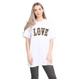 Janisramone Kadın Bayan Yeni Slogan Baskılı Kısa Kollu Bol Büyük Beden Uzun Tişört Elbise Tunik Mini Üst, Love Leopar Beyaz, 38-40