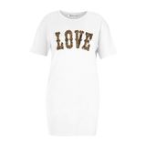 Janisramone Kadın Bayan Yeni Slogan Baskılı Kısa Kollu Bol Büyük Beden Uzun Tişört Elbise Tunik Mini Üst, Love Leopar Beyaz, 46-48 Artı
