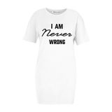 Janisramone Kadın Bayan Yeni Slogan Baskılı Kısa Kollu Bol Büyük Beden Uzun Tişört Elbise Tunik Mini Üst, Never Wrong Beyaz, 38-40