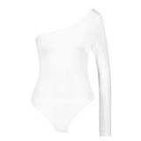 janisramone Kadın Bayan Yeni Tek Omuz Düz Uzun Kollu Esnek Leotard Bodysuit Tişört Yazlık Üst, beyaz, 12-14