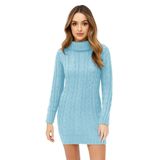 Janisramone Kadın Degaje Polo Yaka Kalın Örgü Kazak Bodycon Mini Elbise Tunik, Gök Mavisi, 4-6
