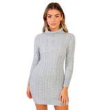 Janisramone Kadın Degaje Polo Yaka Kalın Örgü Kazak Bodycon Mini Elbise Tunik, Gri, 50-52