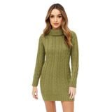 Janisramone Kadın Degaje Polo Yaka Kalın Örgü Kazak Bodycon Mini Elbise Tunik, Haki, 8-10