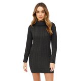 Janisramone Kadın Degaje Polo Yaka Kalın Örgü Kazak Bodycon Mini Elbise Tunik, Kömür, 4-6