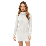 Janisramone Kadın Degaje Polo Yaka Kalın Örgü Kazak Bodycon Mini Elbise Tunik, Krem, 12-14