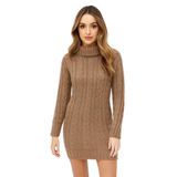 Janisramone Kadın Degaje Polo Yaka Kalın Örgü Kazak Bodycon Mini Elbise Tunik, Mocha, 46-48