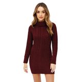 Janisramone Kadın Degaje Polo Yaka Kalın Örgü Kazak Bodycon Mini Elbise Tunik, Şarap, 12-14