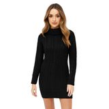 Janisramone Kadın Degaje Polo Yaka Kalın Örgü Kazak Bodycon Mini Elbise Tunik, Siyah, 50-52