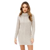 Janisramone Kadın Degaje Polo Yaka Kalın Örgü Kazak Bodycon Mini Elbise Tunik, Taş, 8-10