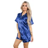 Janisramone Kadın Saten Pijama Kısa Kollu Gömlek Kısa Gecelik Pijama Takımı Düğmeli Pijama Lacivert, Lacivert, 38-40