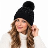 janisramone® Pom Pom Termal Şapka, Kürk Astarlı Kadınlar için Beanie | Zigzag Diamante Detayları Bobble Şapka, Yalıtımlı Örme Kışlık Şapkalar, Kadınlar için Siyah Bere Sıcak Tutan Bayan Şapkası