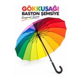 Janissary 16 Telli Gökkuşağı Baston Şemsiye – Çok Renkli Büyük Boy Şemsiye, Güçlü İskelet, Kavisli Saplı Unisex Model