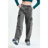 Jannock Kız Çocuk %100 Pamuk Kargo Cep Detaylı Yüksek Bel Wide Leg Kot Pantolon-PNT-0029