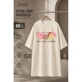JANTIL MODA Bisiklet Yaka Love Cafe Conchas Yazılı Kalp Kahve ve Ekmek Baskılı Extra Long Oversize Tunik Tişört Kısa Kol