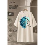 JANTIL MODA Bisiklet Yaka Mavi Dahlia Çiçeği Ve Faith Yazılı Extra Long Oversize Tunik Tişört Kısa Kol