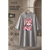 JANTIL MODA Bisiklet Yaka Renkli Geometrik Kedi Figürlü Extra Long Oversize Tunik Tişört Kısa Kol