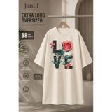 JANTIL MODA Bisiklet Yaka Siyah Harfli ve Gül Motifli Love Yazılı Extra Long Oversize Tunik Tişört Kısa Kol