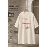 JANTIL MODA Bisiklet Yaka Tüy Detaylı Love, Happiness ve Faith Yazılı Extra Long Oversize Tunik Tişört Kısa Kol