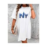 JANTIL MODA KADIN BEYAZ NY (NEW YORK) ŞEHİR BASKILI BİSİKLET YAKA EXTRA LONG OVERSIZE TUNİK TİŞÖRT KISA KOL