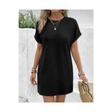 JANTIL MODA KADIN SİYAH DÜZ DESENSİZ BİSİKLET YAKA EXTRA LONG OVERSIZE TUNİK TİŞÖRT KISA KOL