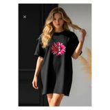 JANTIL MODA KADIN SİYAH LOVE VE ÇİÇEK BASKILI BİSİKLET YAKA EXTRA LONG OVERSIZE TUNİK TİŞÖRT KISA KOL