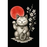 Japanese Lucky Cat Dot Grid Notebook with Red Sun – Maneki-neko Symbol of Fortune and Prosperity: 120 Dot Grid Pages, 6x9, Minimalist Japanese Sumi-e Art Journal