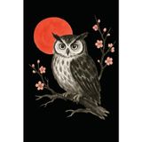 Japanese Owl Dot Grid Notebook with Red Sun – Symbol of Wisdom and Intuition: 120 Dot Grid Pages, 6x9, Minimalist Japanese Sumi-e Art Journal