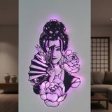 Japon Kadın Pembe Led Işıklı Metal Duvar Dekoru, Geisha Anime Duvar Sanatı, Japon Duvar Sanatı, Japon Kültürü Hediyesi, 59x37 cm (24x14 inç)