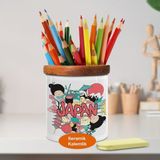 Japon Kültürü Desenli Ahşap Seramik Kalemlik - 2147513198 - Renkli