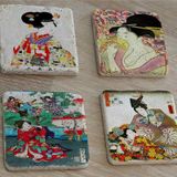 Japon Sanatı Kadınları Doğal Taş Bardak Altlığı 4'lü set - Natural Stone Coasters