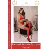 #JartiyerTakım Şık Fantezi Dantel Saten Kumaş Kaliteli Kadın İç Giyim Cezbedici Kırmızı Jartiyer Tak