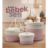 Jasper Jüt İp Hasır Pembe Anne Bebek Bakım Çantası Anne Bebek Set Organizeri