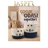 JASPER Lacivert İkili Jüt İp Kedi Tasarımlı Çocuk Odası Oyuncak Kıyafet Kirli Sepeti Organizeri