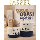Jasper Lacivert İkili Jüt İp Kedi Tasarımlı Çok Amaçlı Çocuk Odası Oyuncak Kıyafet Kirli Sepeti Orga