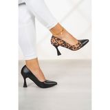 Jatqılı Plus Siyah Vegan Leopar Desenli Kadeh Topuklu Ayakkabı 9 cm. - Siyah Leopar
