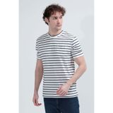 JB John Borners Erkek Bisiklet Yaka Cep Detaylı %100 Pamuklu Çizgili T-Shirt Lacivert - 26Y 4057