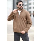JB John Borners Erkek Kışlık Polarlı Sweatshirt Kahverengi Yarım Fermuarlı Dik Yaka Boğazlı - 6053