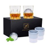 JDGOME Viski Kayaları Bardak Seti Hediye Kutusunda - 2 Kristal Bourbon Bardağı ve 2 Büyük Buz Topu Kalıbı İçerir - 10 oz Viski, Kokteyl, Rom, Konyak, Votka için Eski Moda Bardaklar - Erkekler için Eşsiz