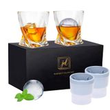 JDGOME Viski Kayaları Bardak Seti Hediye Kutusunda - 2 Kristal Bourbon Bardağı ve 2 Büyük Buz Topu Kalıbı İçerir - 325 ml Viski, Kokteyl, Rom, Konyak, Votka için Eski Moda Bardaklar - Erkekler için Eşsiz
