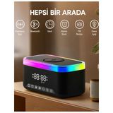 Jedel Sa-148 Taşınabilir 15W Kablosuz Hızlı Şarj Cihazı Dijital Alarmlı Saat Rgb Renkli Işıklı Gri Gürültülü Hoparlör Radyo