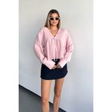 Jee Lee Kadın V Yaka Bağlama Detaylı %100 Pamuklu Bluz Pembe - 26Y 1003 - S