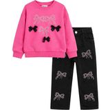 Jeliboom 🎀 Kız Çocuk Taşlı Fiyonklu Sweatshirt & Pantolon Takım 🎀 - 002-Pembe - 5 - 6 Yaş