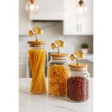 Jenisa 3'lü Bambu Kapaklı Metal Ginkgo Figürlü Şeffaf Cam Kavanoz Şeffaf Cam Saklama Kabı 635/890/1400ml