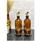 Jenisa Altın Standlı Geyik Figürlü 500Ml Amber Şişe Altın Akıtıcılı Yağlık Yağdanlık