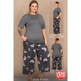 Jenny Daphne Büyük Beden Kadın Viskon Pijama Takımı Antrasit Çiçek Desenli Kısa Kollu Bisiklet Yaka Pijama Takımı 10739