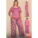 Jenny Daphne Büyük Beden Kadın Viskon Pijama Takımı Gül Kurusu Çiçek Desenli Kısa Kollu Rahat Kesim Pijama Takımı 11060